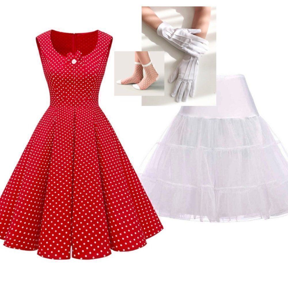 ❤ 4PCS Bundle Minnie Mouse Costume 1950s Retro Pinup Dress & Accessories NWT